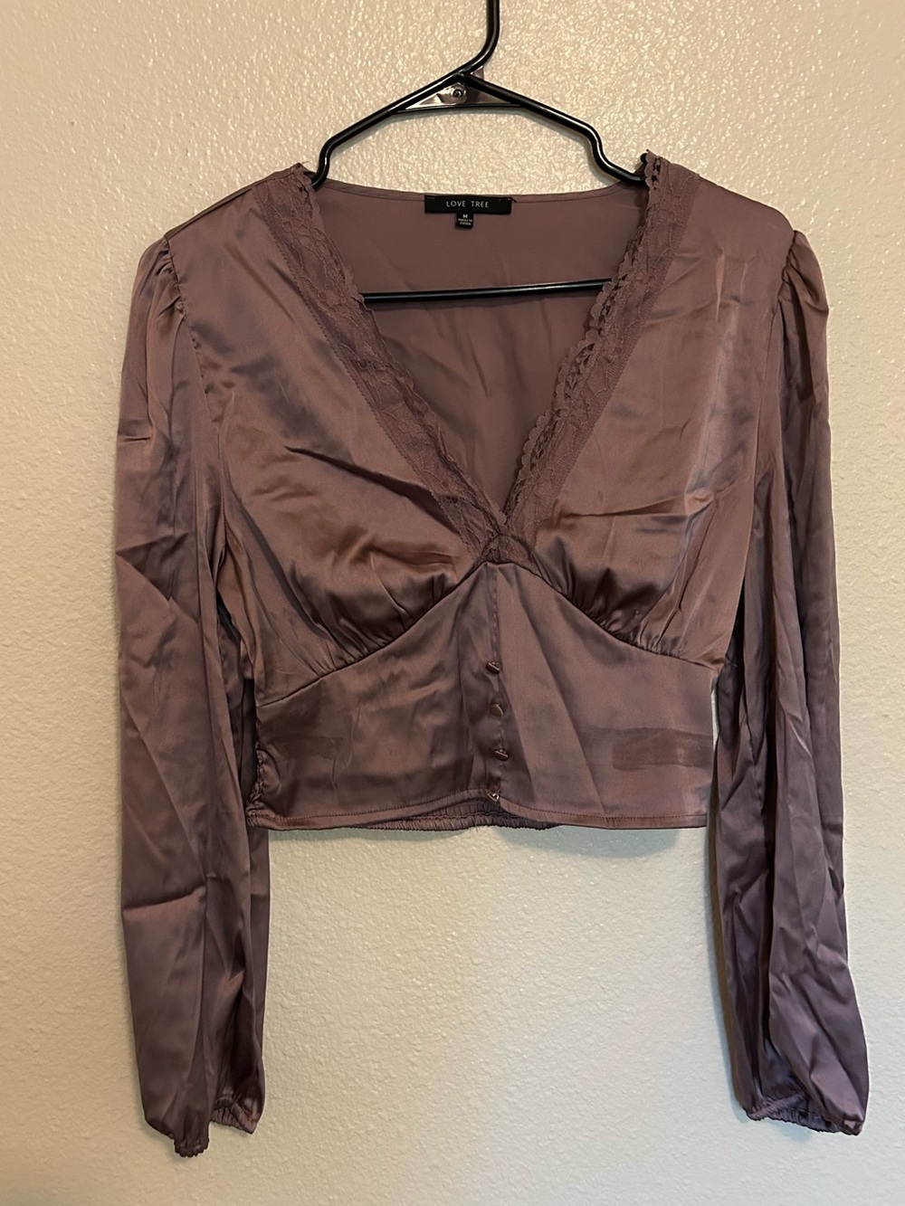 Love Tree Purple Satin V-Neck Cropped Blouse with Lace Trim